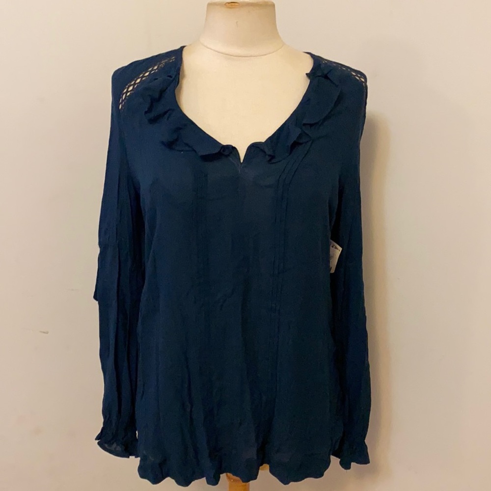 Free People Navy Hi-Low Blouse with Crochet Details, XSmall